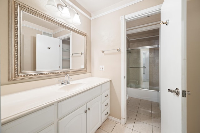 full bathroom with enclosed tub / shower combo, tile patterned flooring, vanity, crown molding, and toilet