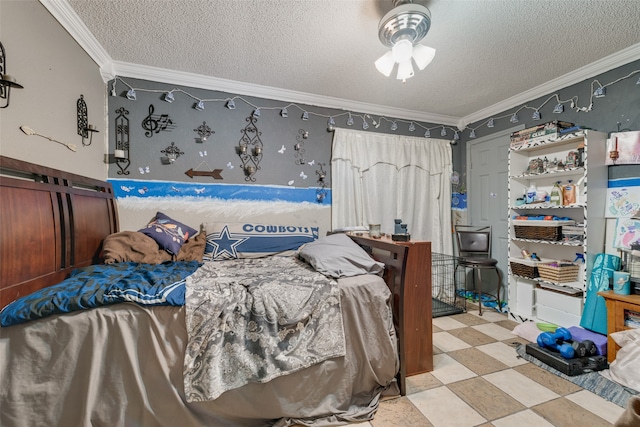 bedroom featuring a textured ceiling, ornamental molding, and light tile patterned floors