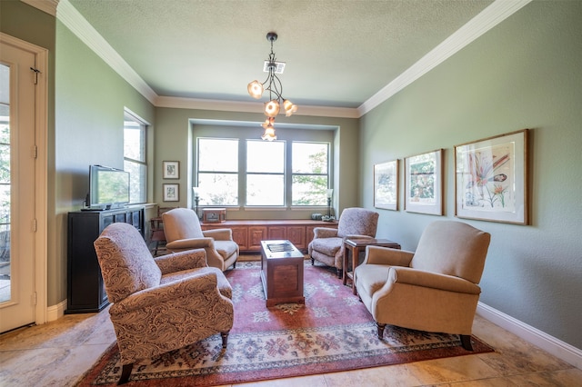 tiled living room with a textured ceiling and ornamental molding