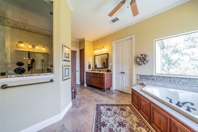 bathroom featuring ceiling fan, crown molding, tile patterned flooring, and vanity