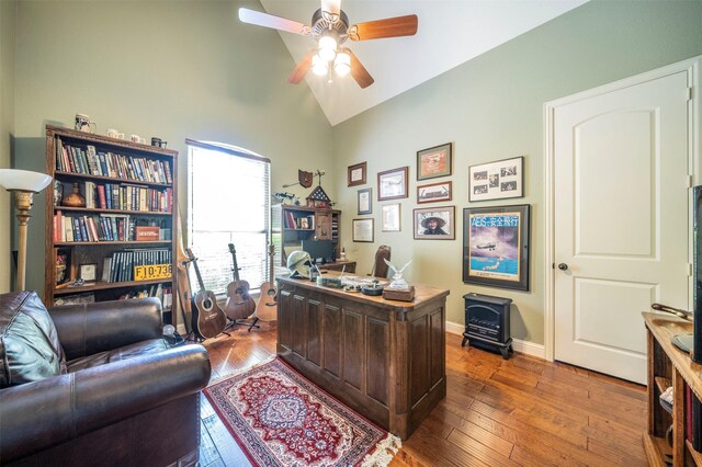 office featuring ceiling fan, dark hardwood / wood-style floors, and lofted ceiling