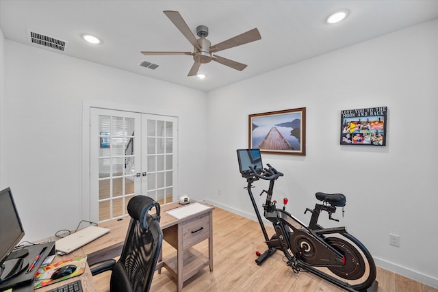 interior space featuring ceiling fan, light hardwood / wood-style floors, and french doors