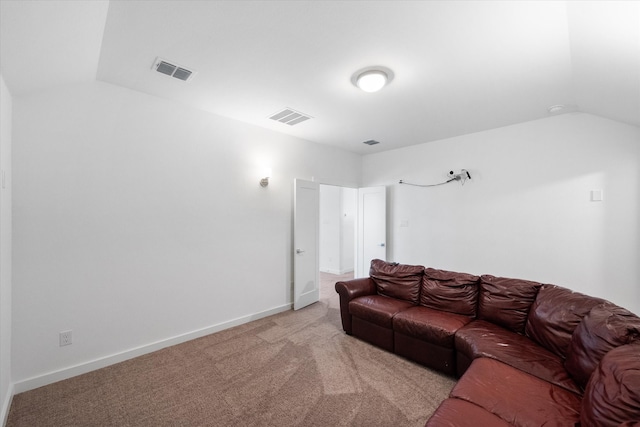 living room with light carpet and lofted ceiling