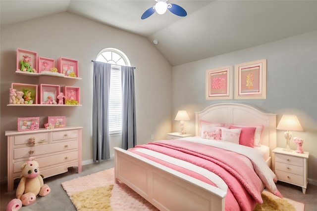 carpeted bedroom featuring multiple windows, vaulted ceiling, and ceiling fan