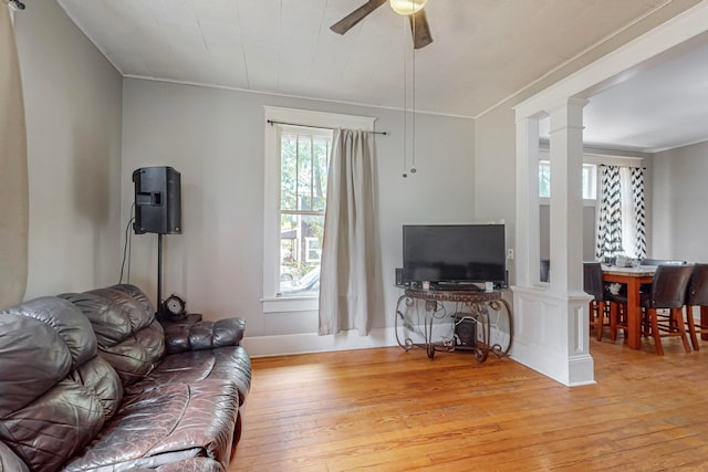 living room featuring light wood-type flooring, ceiling fan, and a healthy amount of sunlight