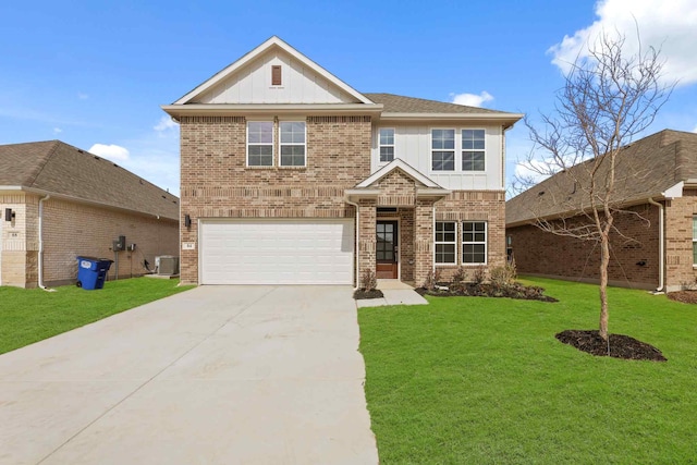 view of front facade featuring a garage, cooling unit, and a front lawn