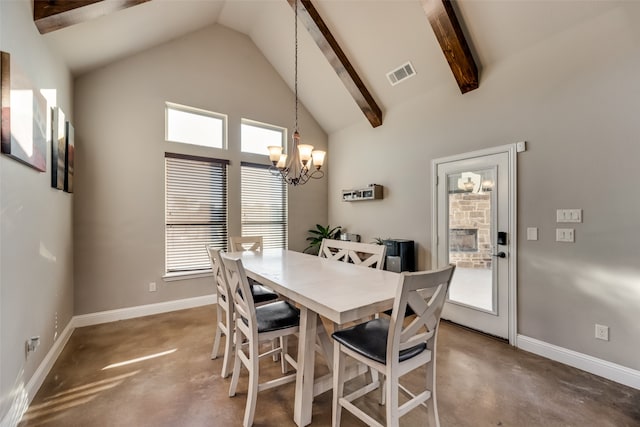 dining room featuring high vaulted ceiling, beamed ceiling, and a chandelier