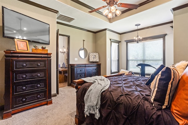 bedroom featuring crown molding, ceiling fan with notable chandelier, and light colored carpet