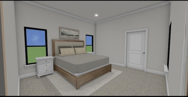 carpeted bedroom featuring crown molding