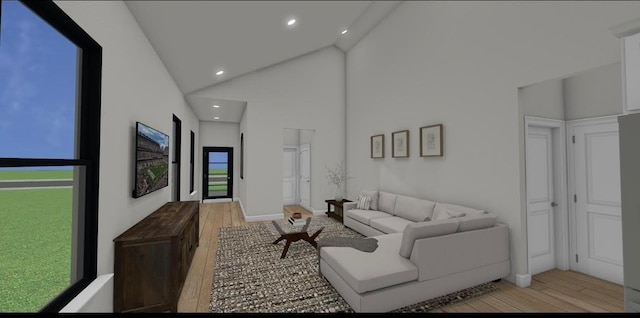 living room with light hardwood / wood-style floors and high vaulted ceiling