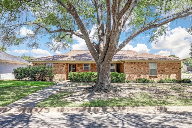 ranch-style home featuring a front lawn and brick siding