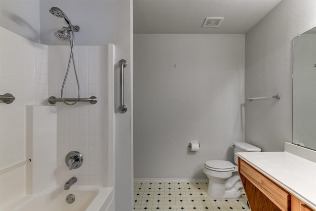 full bath featuring visible vents, toilet, tub / shower combination, vanity, and tile patterned floors