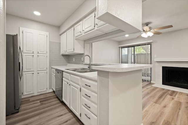 kitchen featuring sink, stainless steel appliances, light hardwood / wood-style floors, and ceiling fan