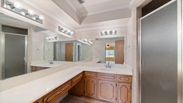 full bath with visible vents, ornamental molding, tile patterned floors, vanity, and a shower stall