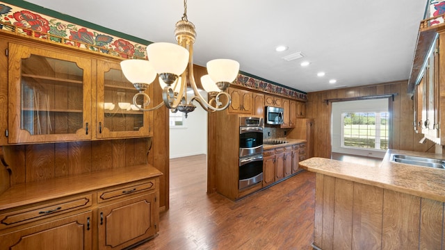 kitchen with brown cabinetry, dark wood-style floors, glass insert cabinets, stainless steel appliances, and a sink