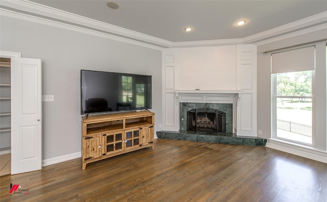 living area featuring ornamental molding, dark wood-style flooring, baseboards, and a premium fireplace