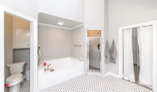 bathroom featuring toilet, baseboards, ornamental molding, a bath, and a stall shower