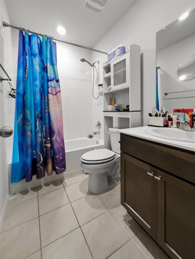 bathroom with shower / tub combo, visible vents, toilet, tile patterned flooring, and vanity