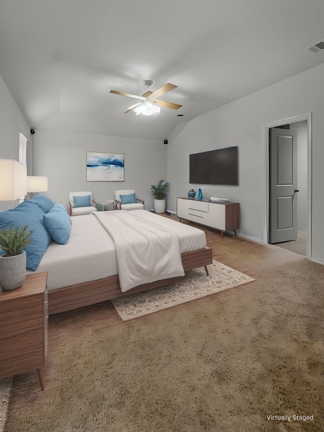 bedroom featuring carpet floors, visible vents, vaulted ceiling, ceiling fan, and baseboards