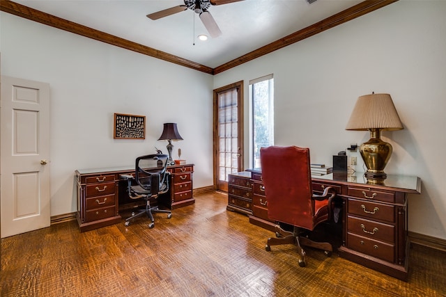 office area featuring dark hardwood / wood-style flooring, ceiling fan, and ornamental molding