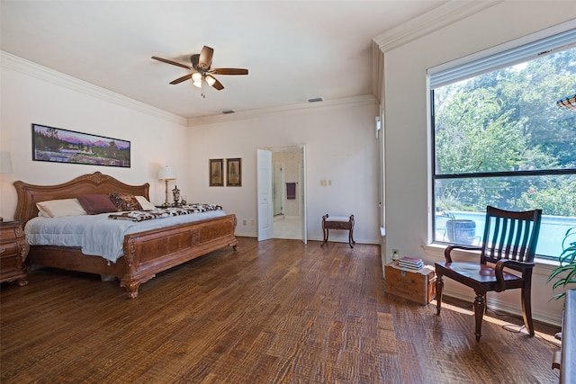 bedroom with ceiling fan, dark hardwood / wood-style flooring, ornamental molding, and multiple windows