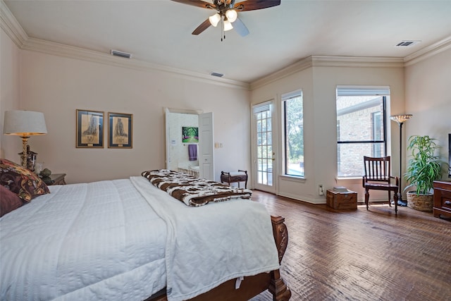 bedroom with access to exterior, ceiling fan, dark hardwood / wood-style flooring, and ornamental molding