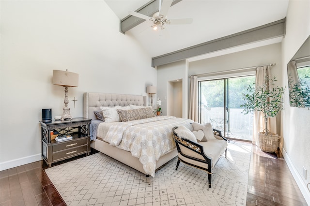 bedroom featuring beam ceiling, ceiling fan, access to outside, and wood-type flooring