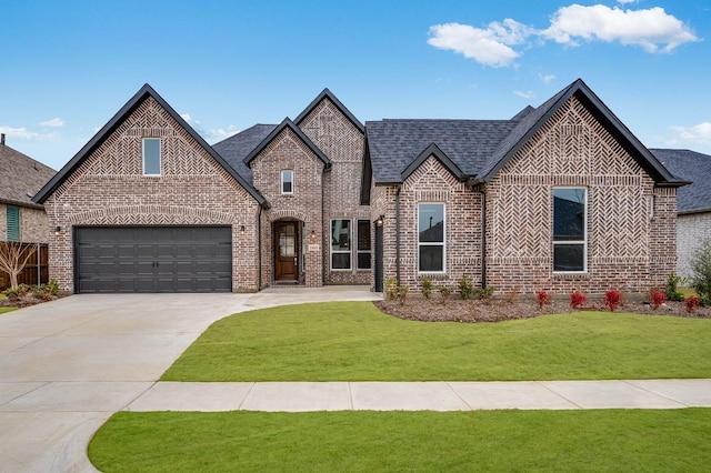 view of front of property with a front lawn, driveway, an attached garage, a shingled roof, and brick siding