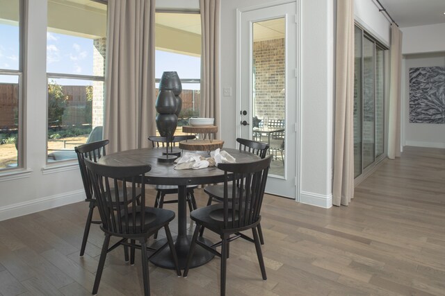 dining area featuring dark hardwood / wood-style floors and a healthy amount of sunlight