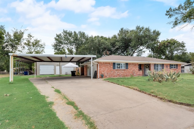 ranch-style home featuring a front yard and a garage