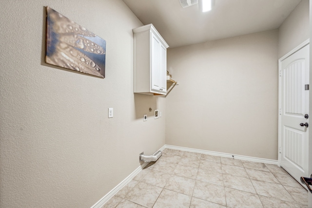 clothes washing area with cabinets, hookup for a washing machine, hookup for an electric dryer, light tile patterned floors, and hookup for a gas dryer