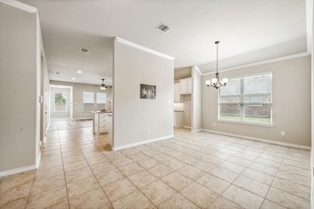 spare room featuring light tile patterned flooring, ceiling fan with notable chandelier, and ornamental molding