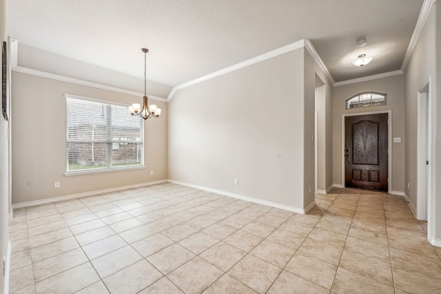 entrance foyer with a notable chandelier, crown molding, and light tile patterned floors