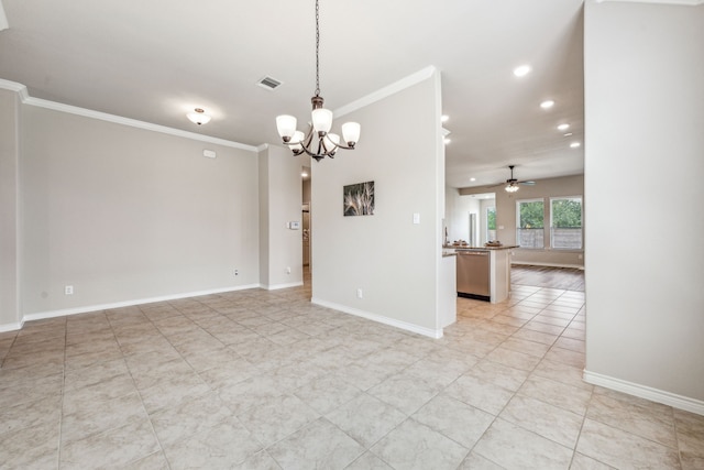 tiled empty room with ceiling fan with notable chandelier and ornamental molding