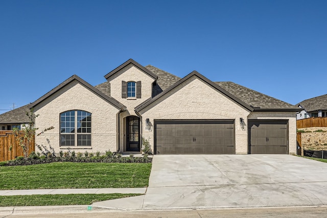 french provincial home with a front yard and a garage