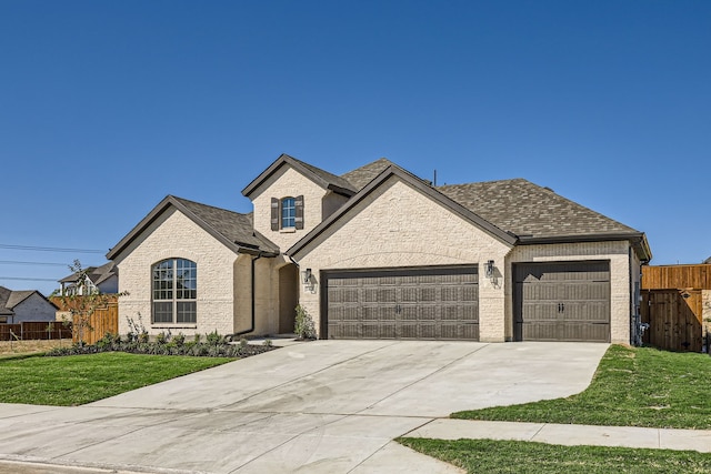 french country home with a front lawn and a garage