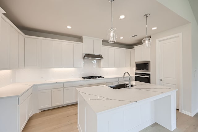 kitchen featuring sink, light wood-type flooring, an island with sink, stainless steel appliances, and white cabinets