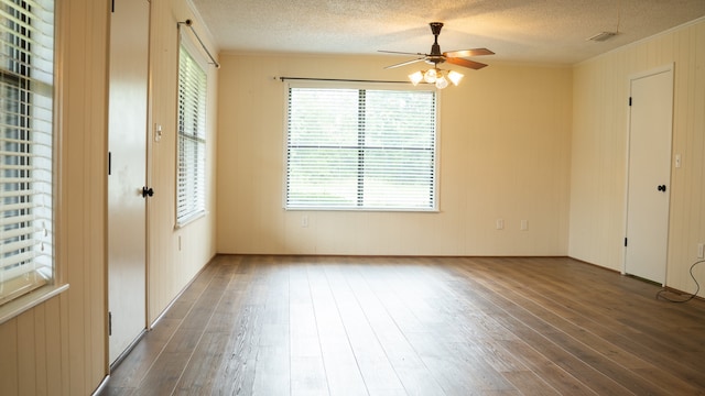 interior space featuring a textured ceiling, ceiling fan, hardwood / wood-style floors, and multiple windows