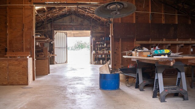 garage with a workshop area