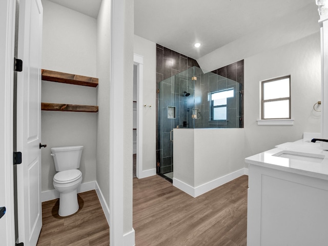 bathroom with a sink, wood finished floors, toilet, and a stall shower