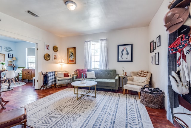 living room featuring a healthy amount of sunlight and dark hardwood / wood-style floors