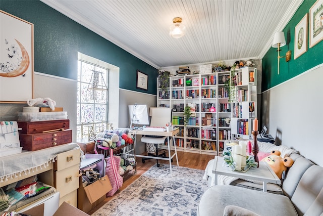 office with ornamental molding and wood-type flooring