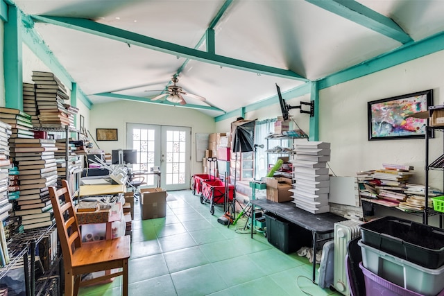 misc room with french doors, lofted ceiling with beams, light tile patterned floors, and ceiling fan