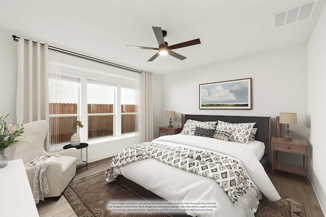 bedroom featuring ceiling fan and light wood-type flooring