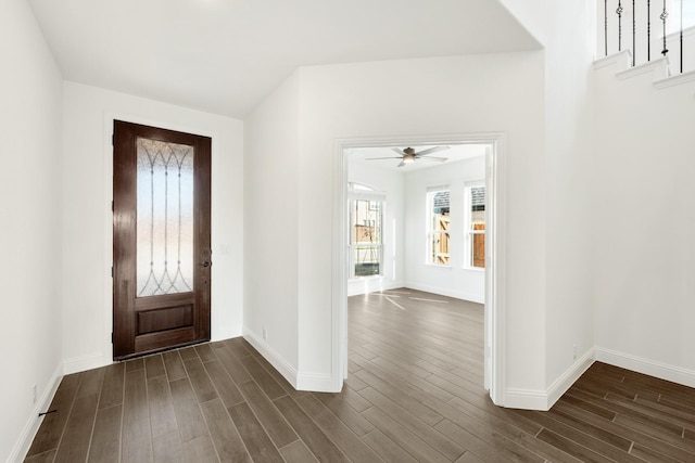 foyer entrance with ceiling fan and dark hardwood / wood-style floors