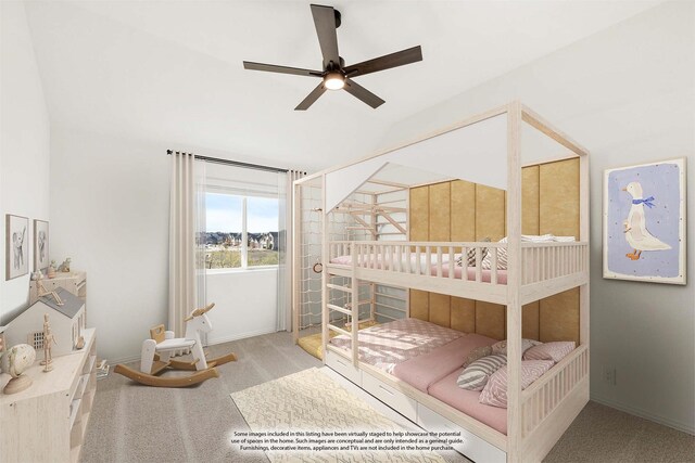 bedroom featuring light carpet and ceiling fan