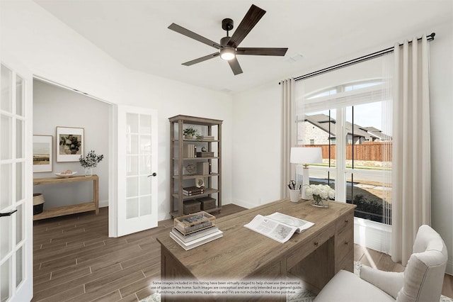 office featuring french doors, ceiling fan, and dark hardwood / wood-style flooring