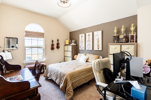 bedroom with lofted ceiling, carpet flooring, and multiple windows