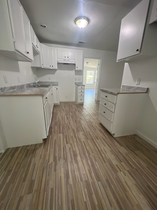 kitchen with white cabinets, sink, and dark wood-type flooring