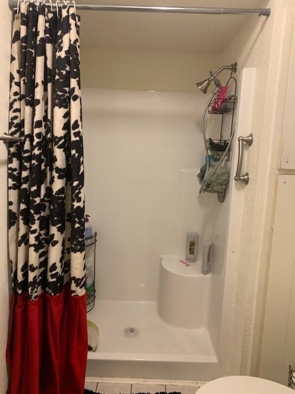 bathroom with toilet and a shower with shower curtain